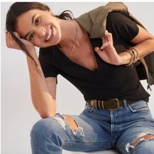 Daily Practice by Anthropologie V-Neck Tee Ribbed Tee, Black, Size M